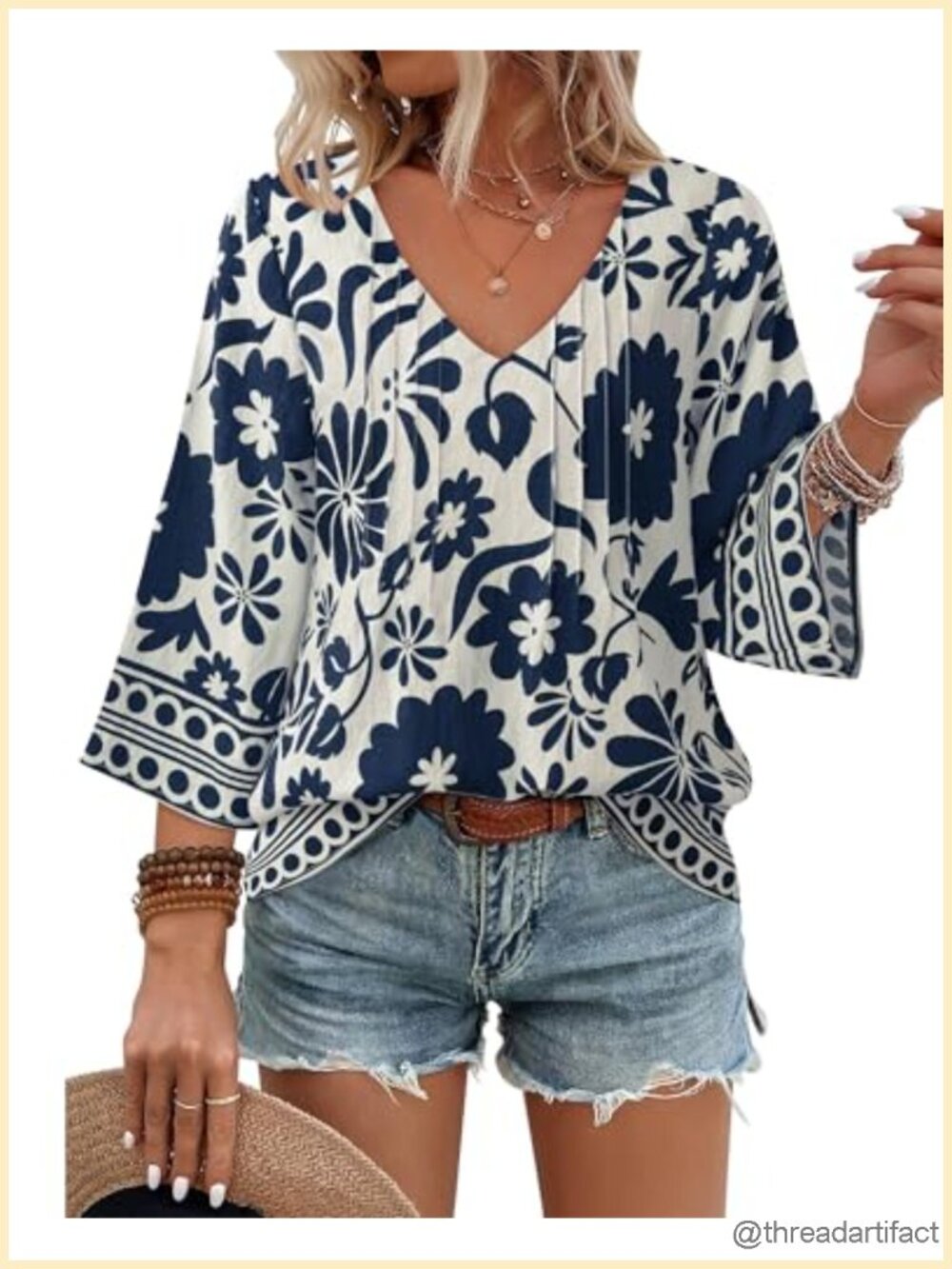 Bohemian V Neck 3/4 Sleeve Floral Tunic Top Loose Fit